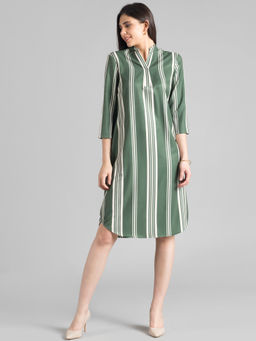 FableStreet - Olive Striped Straight Fit Dress