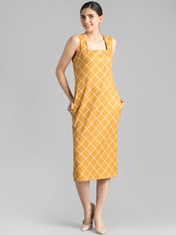 FableStreet - Mustard Bias Printed Checks Midi Dress
