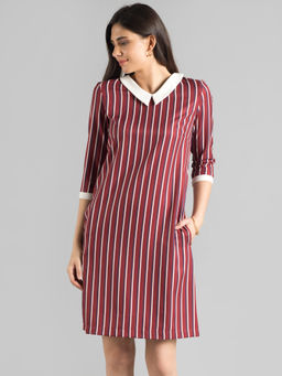 FableStreet - Maroon Vertical Striped Shift Dress