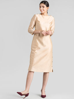 FableStreet - Beige Chanderi Straight Fit Midi Dress