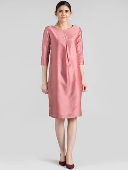 FableStreet - Pink Chanderi Pleated Knee Length Shift Dress