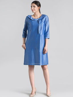 FableStreet - Blue Peter Pan Collar Chanderi Shift Dress