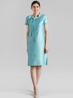 FableStreet - Aqua Blue Side Tie Chanderi Shift Dress