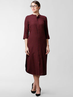 FableStreet - Pale Red And Black Checks Shirt Dress