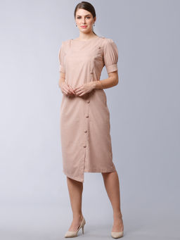 FableStreet - Nude Front Slit Asymmetric Hem Dress