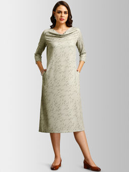 FableStreet - Beige Cowl Neck Printed Midi Dress