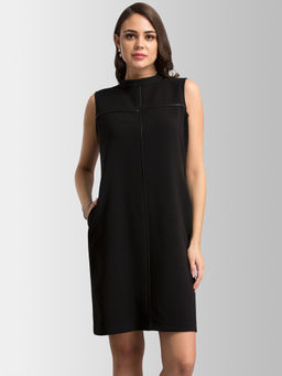 FableStreet - Black High Neck Faux Leather Mini Dress