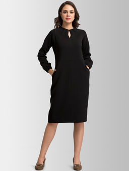 FABLE STREET - Black Keyhole Neck Buttoned Knee Length Dress