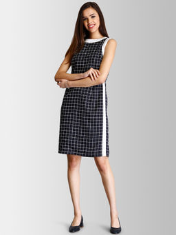 FABLE STREET - Navy Blue Checks Colour Block Knee Length Dress