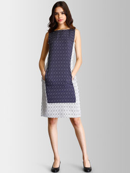 FABLE STREET - Navy Blue Geometric Print Colour Block Knee Length Dress