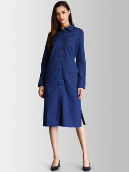 FableStreet - Navy Blue Polka Dot Shirt Dress