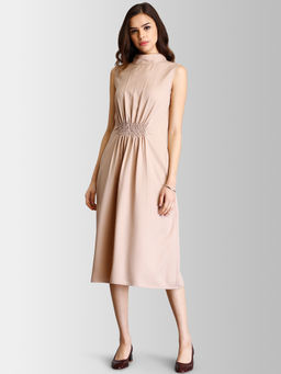 FableStreet - Beige High Neck Gather Detail A Line Dress