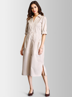 FableStreet - Beige Collared Tie Up Shirt Dress