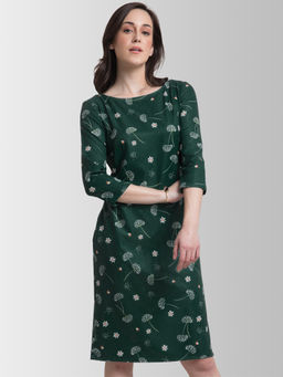 FableStreet - Boat Neck Ditsy Floral Shift Dress - Green And White
