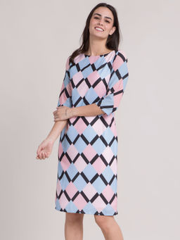FableStreet - Multicolour Boat Neck Geometric Print Shift Dress