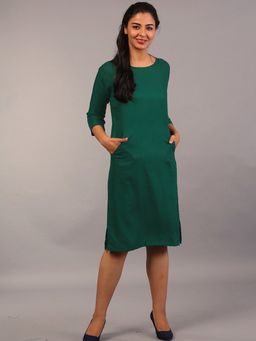 FableStreet - Round Neck Shift Dress - Bottle Green