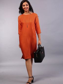 FableStreet - Round Neck Shift Dress - Rust