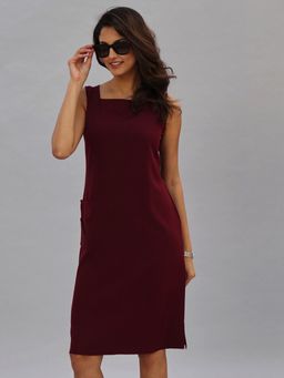 FableStreet - Side Pocket Wide Neck Shift Dress - Maroon