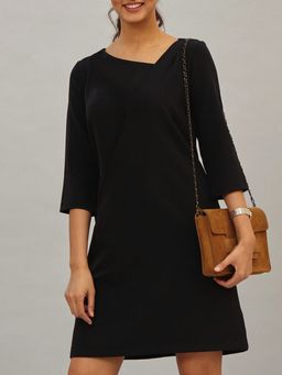 FableStreet - Diagonal Placket Front Pocket Shift Dress - Black