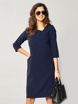 FableStreet - Diagonal Placket Front Pocket Shift Dress - Navy Blue