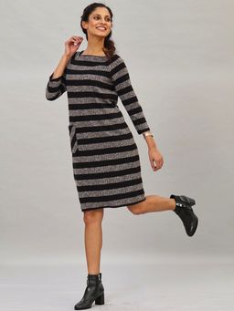 FableStreet - Front Pocket Striped Shift Dress - Black & Grey