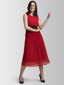 FableStreet - Boat Neck Pleated A Line Dress - Red