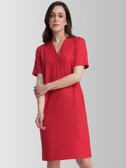 FableStreet - V Neck Belted Shift Dress - Red
