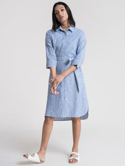 FableStreet - Cotton Pleated Shirt Dress - Blue Stripes (Set Of 2)