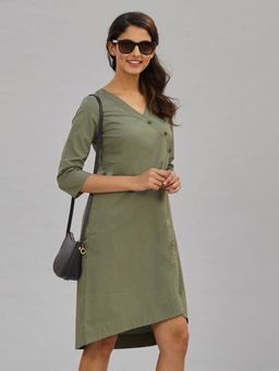FableStreet - Side Button Asymetric High Low Dress - Olive