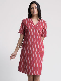 FableStreet - Cotton Ikkat V Neck Shift Dress Red
