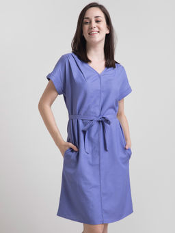 FableStreet - Cotton Drop Shoulder Tie Up Shift Dress - Purple