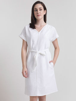 FableStreet - Cotton Drop Shoulder Tie Up Shift Dress - White