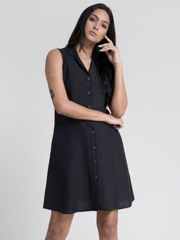 FableStreet - Cotton Buttoned Down A Line Dress - Black