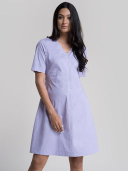 FableStreet - Cotton Stitch Detail A-Line Dress - Lavender