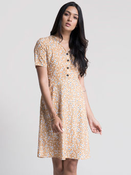 FableStreet - Floral A Line Dress Mustard And White