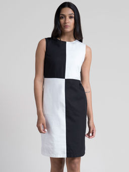 FableStreet - Cotton Shift Dress Black And White
