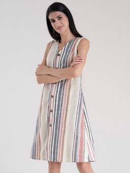 FableStreet - Cotton Button Down Striped Dress - Multicoloured