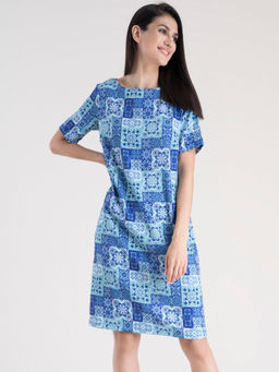 FableStreet - Abstract Print Shift Dress - Blue