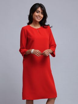 FableStreet - Front Keyhole Straight Fit Dress - Coral Red