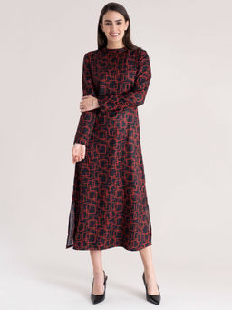 FableStreet - Multi Color High Neck Geometric Print Shift Dress