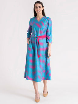 FableStreet - Multi Color V Neck Polka Print A Line Dress