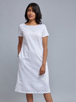 FableStreet - Boat Neck Linen Shift Dress - White