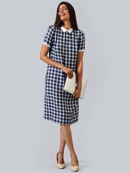 FableStreet - Collared Shift Dress - Navy Plaid