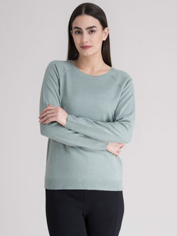 FableStreet - Sap Green Raglan Sleeve Knit Sweater