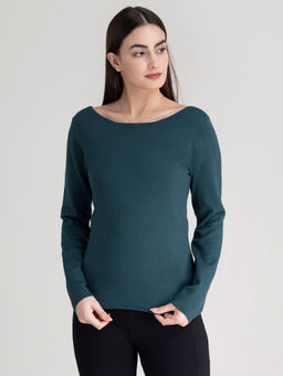 FableStreet - Bottle Green Boat Neck Knit Sweater