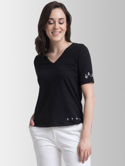 FableStreet - Cotton V Neck Graphic Knitted T Shirt - Black and White