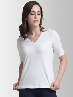 FableStreet - Cotton V Neck Graphic Knitted T Shirt - White and Black