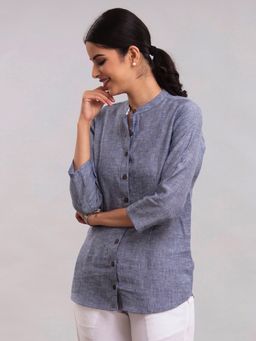 FableStreet - Mandarin Collared Linen Shirt - Chambray Navy