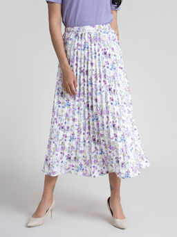 FableStreet - Pleated Flared Floral Midi Skirt - Lilac