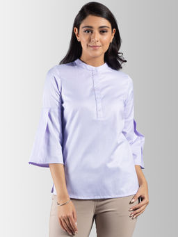 FableStreet - Mandarin Collar Pleated Bell Sleeve Top